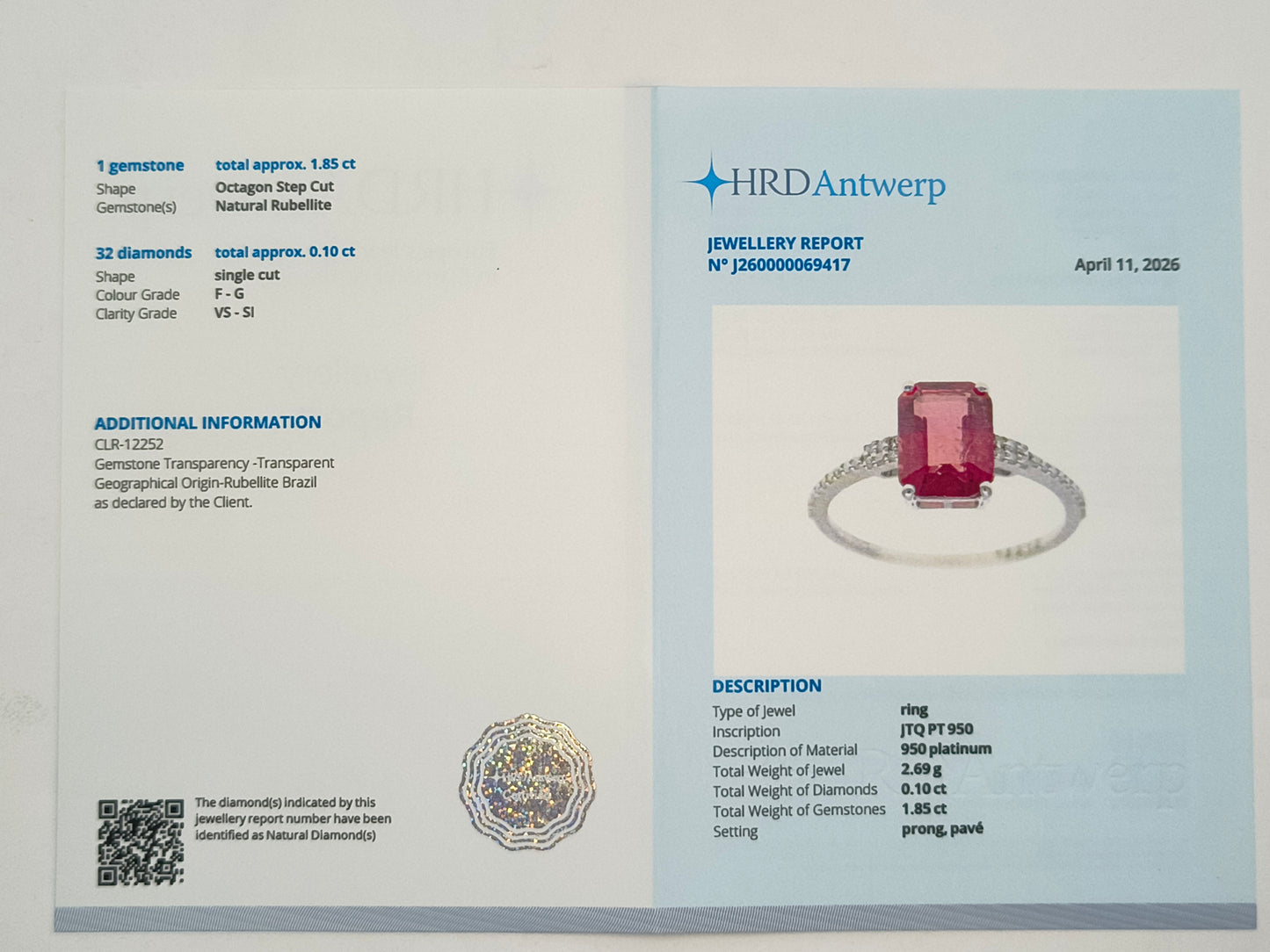 1.95 Ct Octagon Step Cut Natural Rubellite 950 Platinum Ring