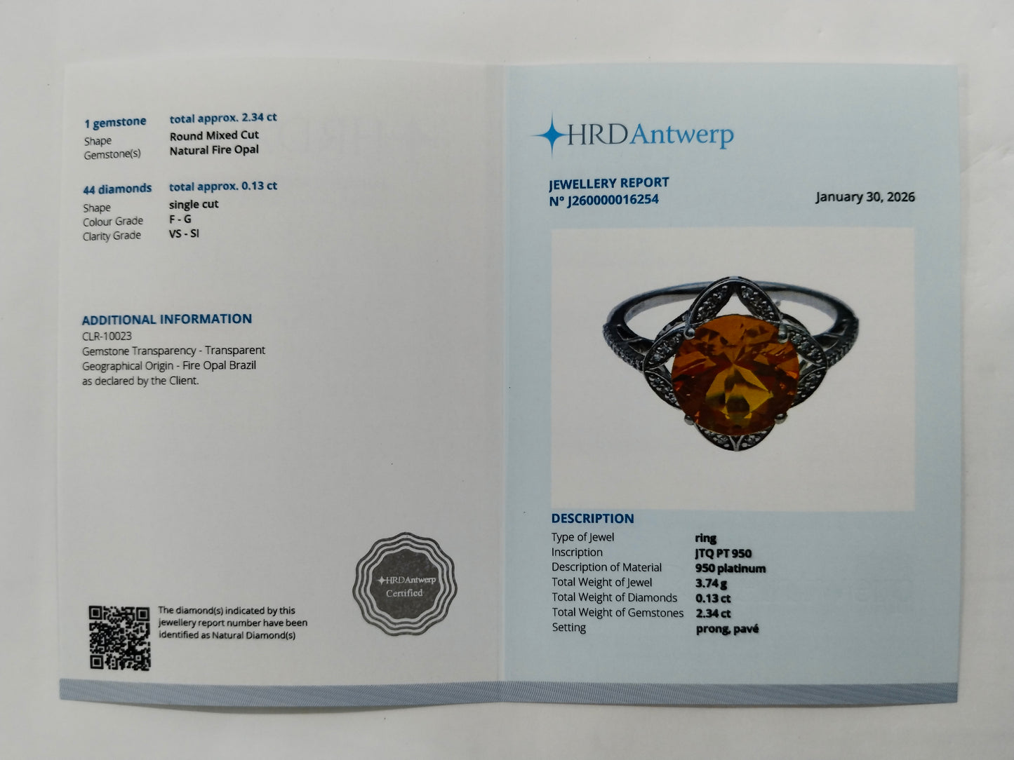 2.47 Ct Round Mixed Cut Natural Fire Opal 950 Platinum Ring