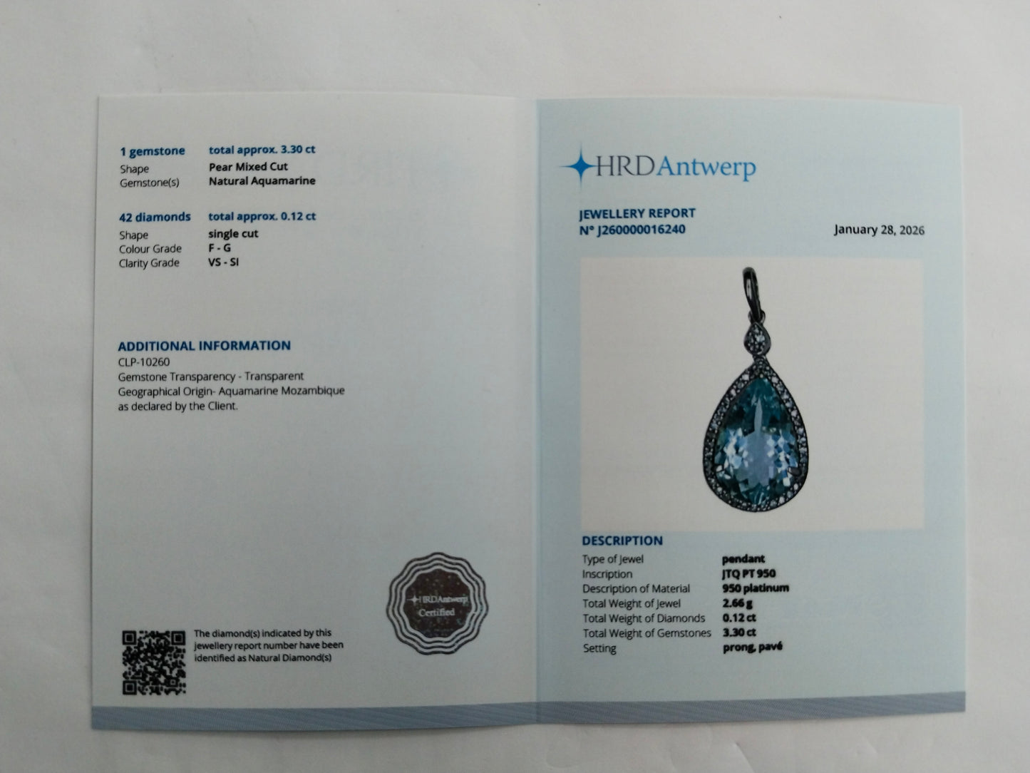 3.42 Ct Pear Mixed Cut Natural Aquamarine 950 Platinum Pendant