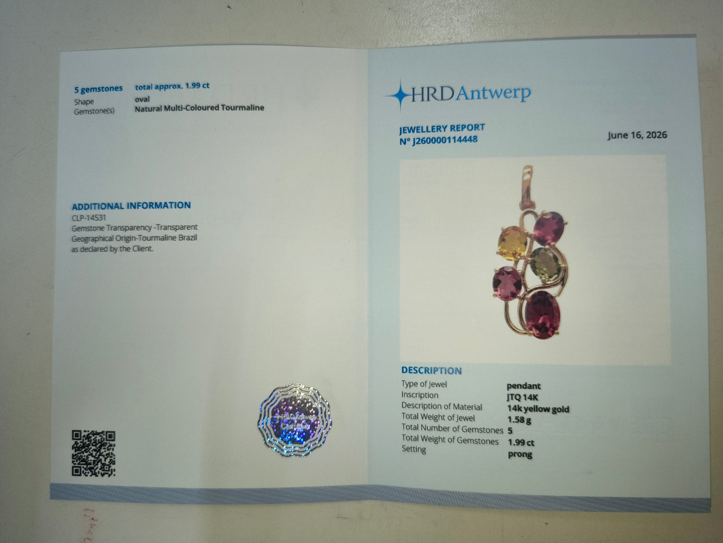 1.99 Ct Oval Natural Multi-Coloured Tourmaline 14K Gold Pendant