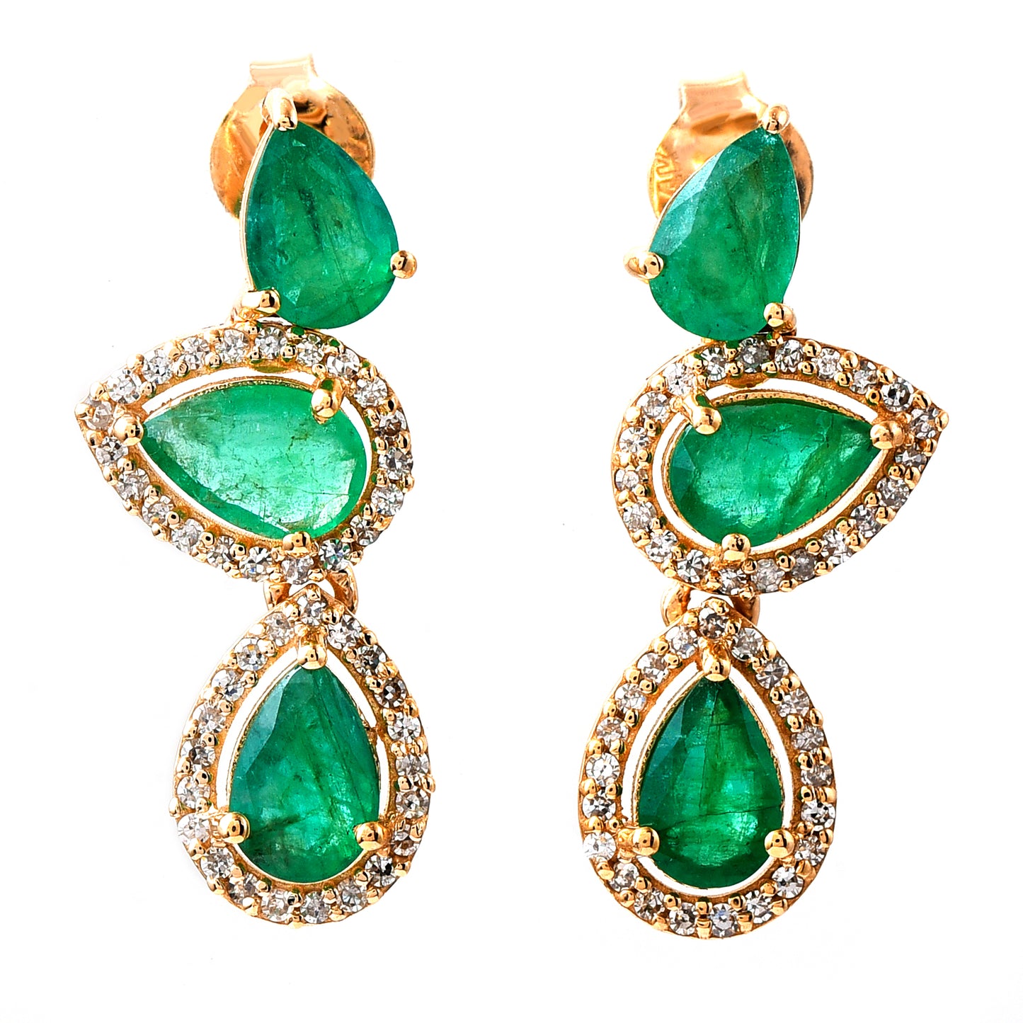 2.04 Ct Pear Mixed Cut Natural Emerald 14K Gold Earrings
