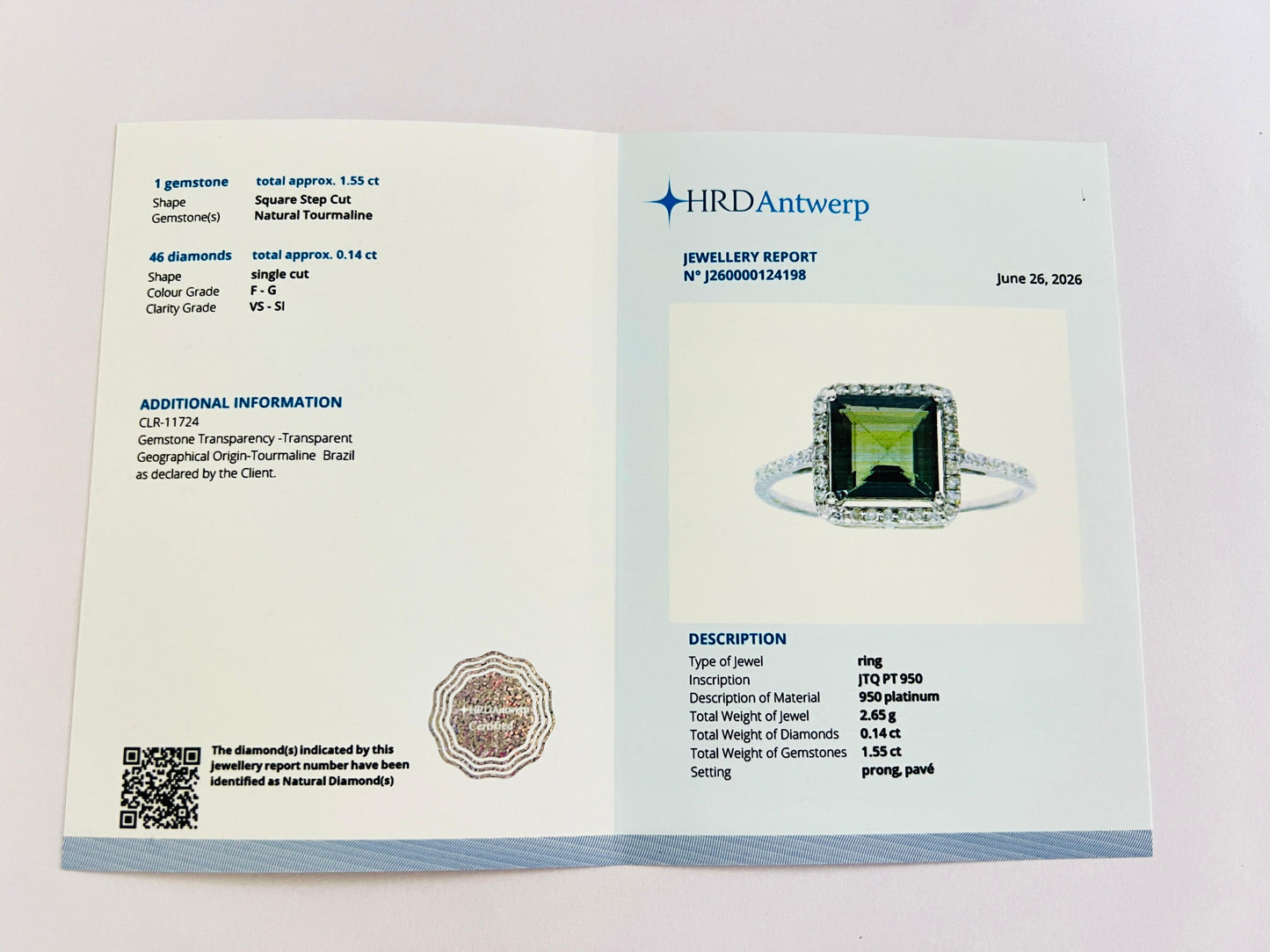 1.69 Ct Square Step Cut Natural Tourmaline 950 Platinum Ring