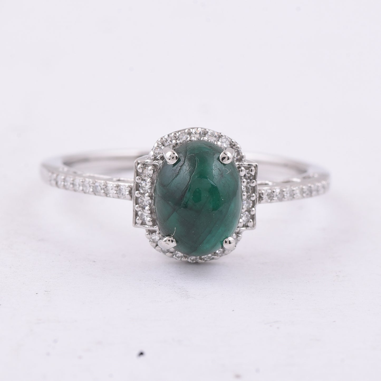 1.63 Ct Oval Cabochon Cut Natural Emerald 950 Platinum Ring
