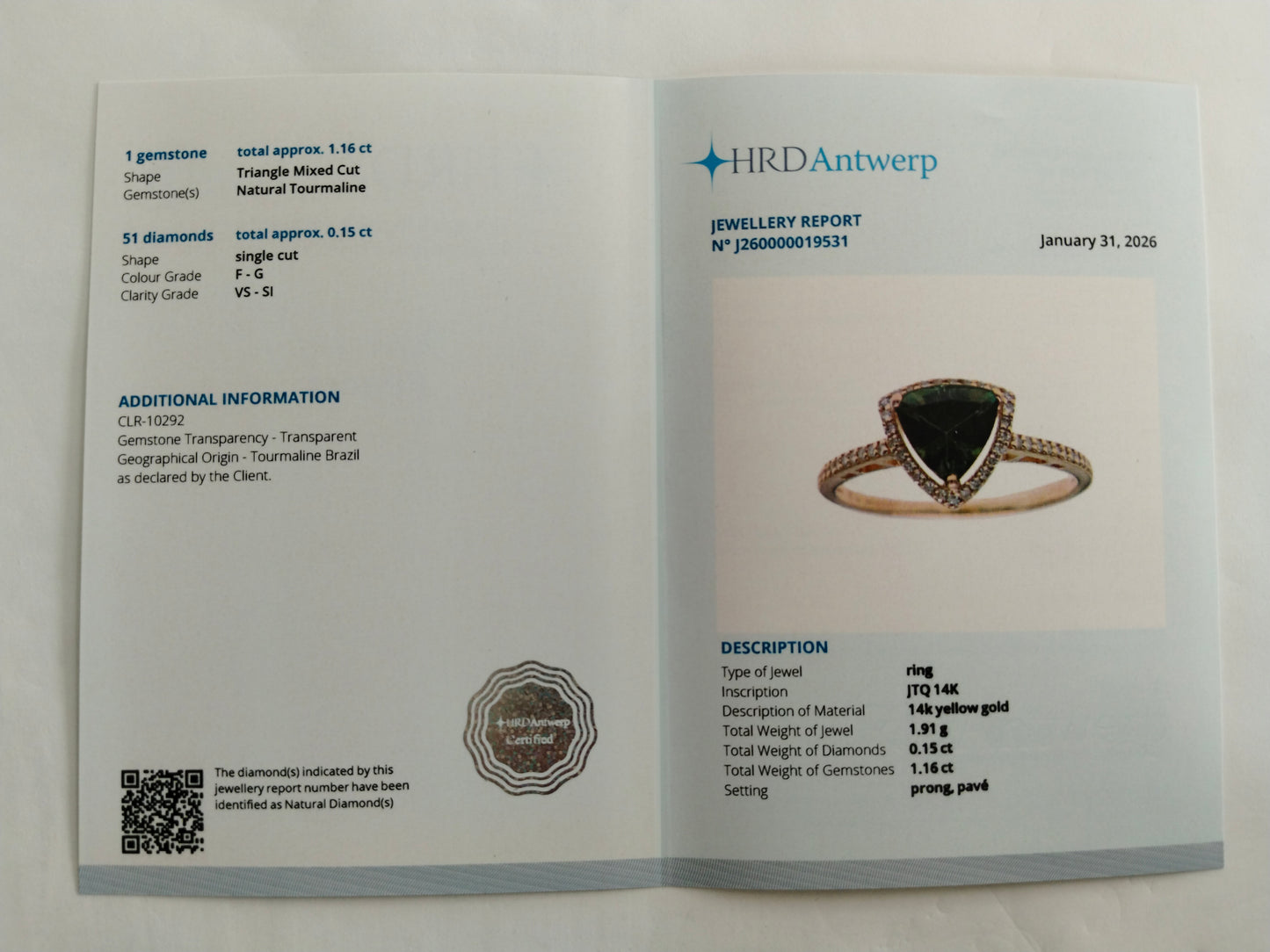 1.31 Ct Triangle Mixed Cut Natural Tourmaline 14K Gold Ring