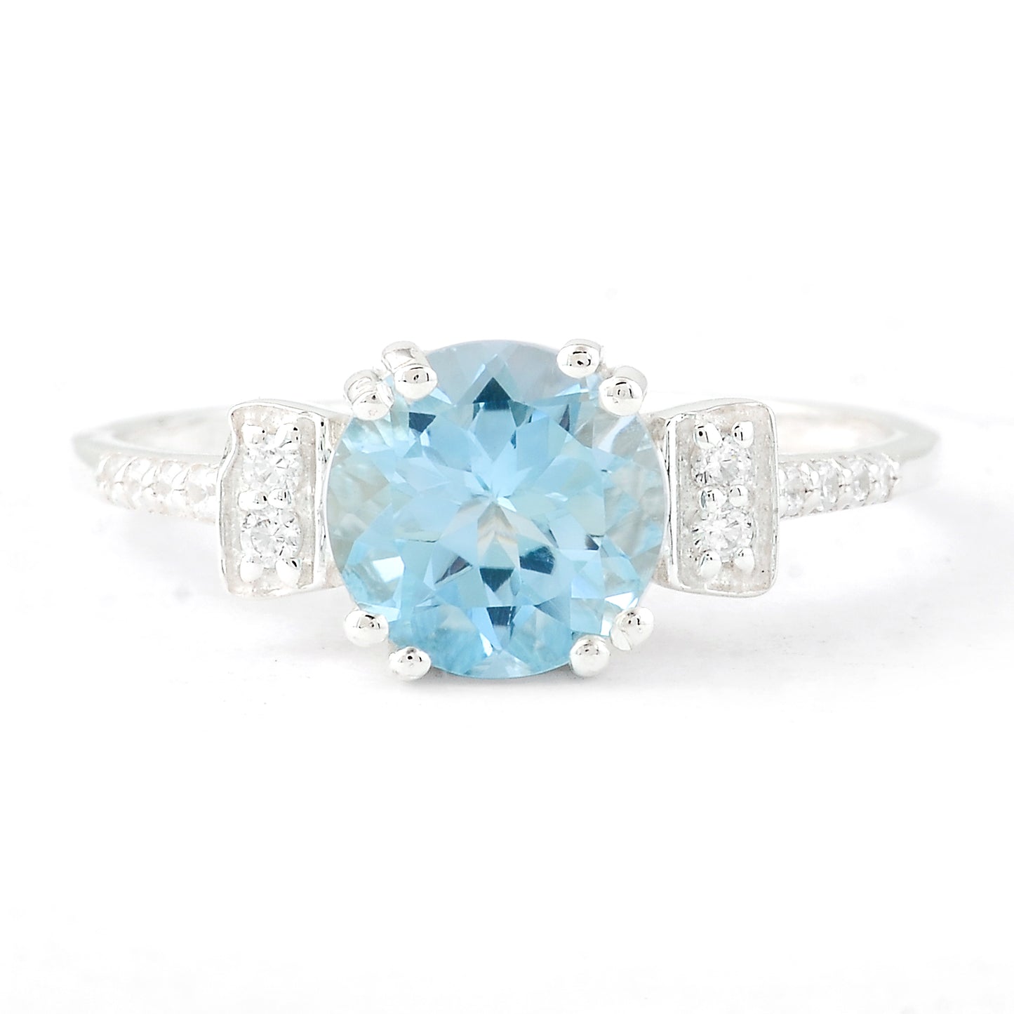 2.44 Ct Round Swiss Blue Topaz, Cubic Zirconia 925 Sterling Silver Ring