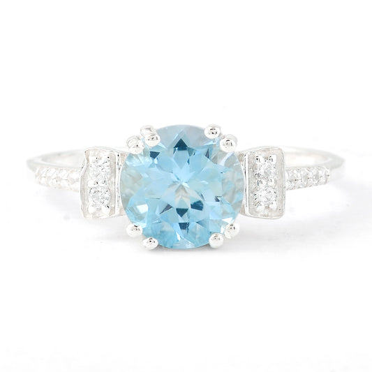 2.44 Ct Round Swiss Blue Topaz, Cubic Zirconia 925 Sterling Silver Ring