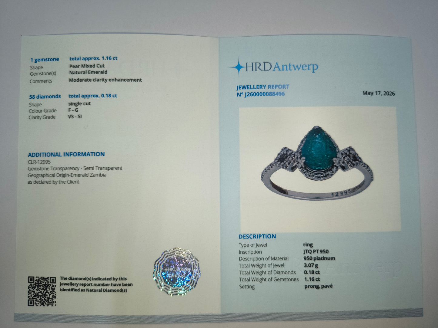 2.80 Ct Pear Mixed Cut Natural Emerald 950 Platinum Ring