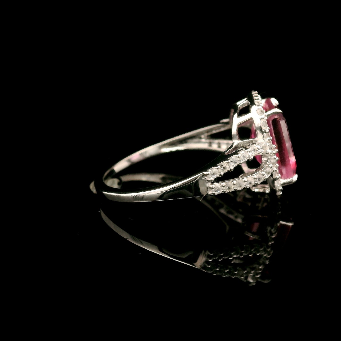 3.34 Ct Octagon Pink Topaz, White Zircon 925 Sterling Silver Ring