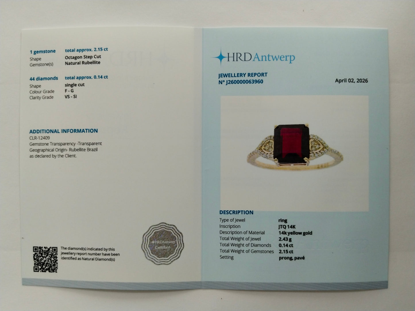 2.29 Ct Octagon Step Cut Natural Rubellite 14K Gold Ring