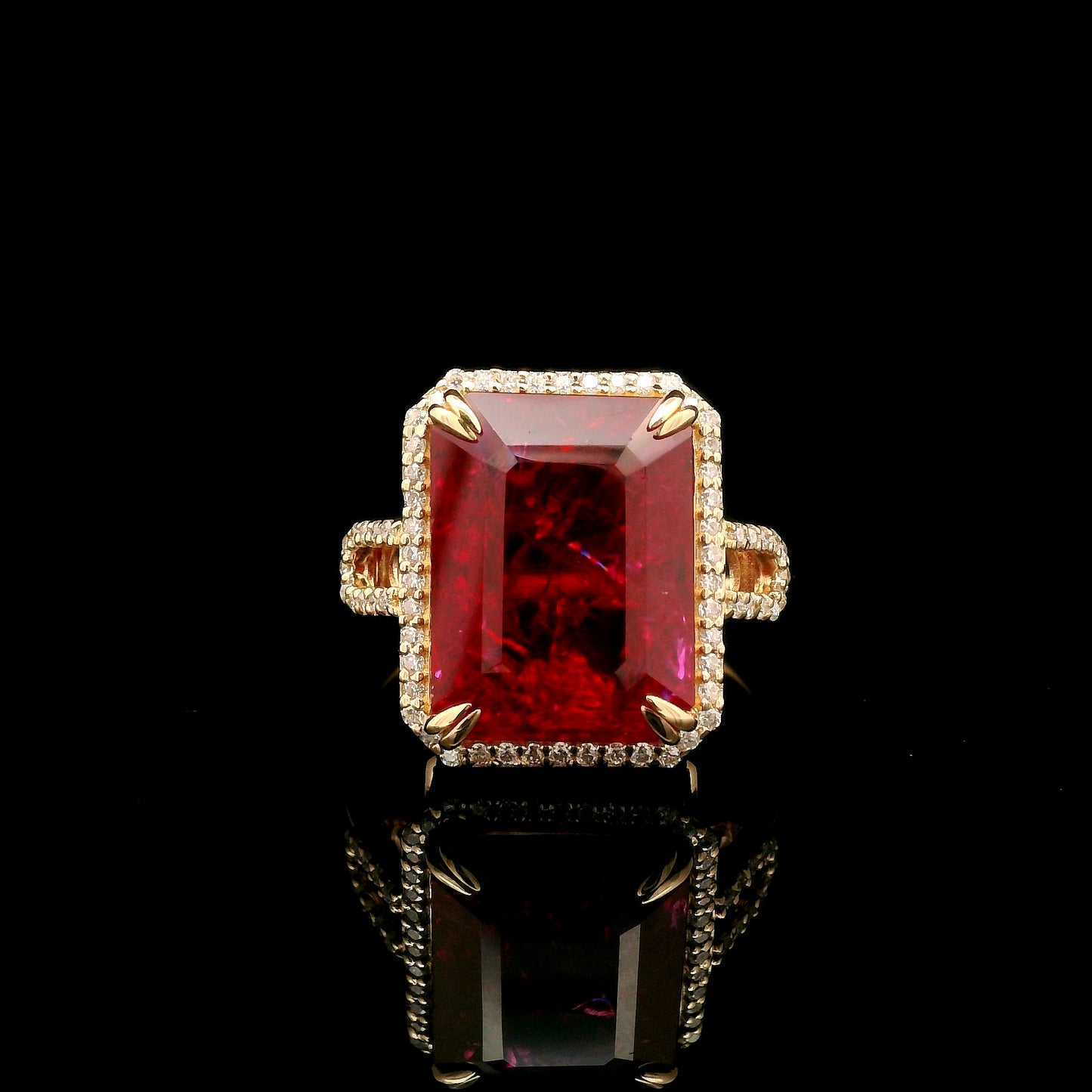 9.96 Ct Emerald Cut Lab Grown Ruby 14K Gold Ring