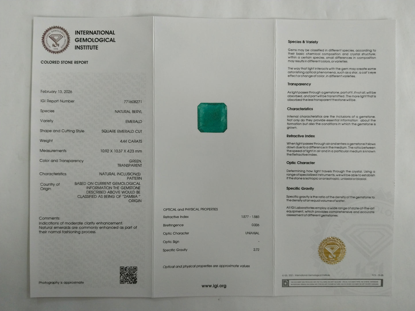 4.44 Natural Beryl Emerald Square Emerald Cut Gemstone