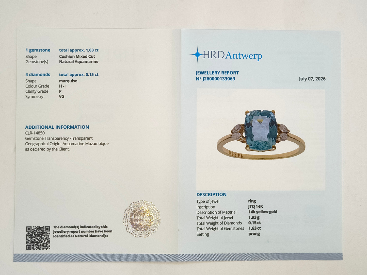 1.78 Ct Cushion Mixed Cut Natural Aquamarine 14K Gold Ring