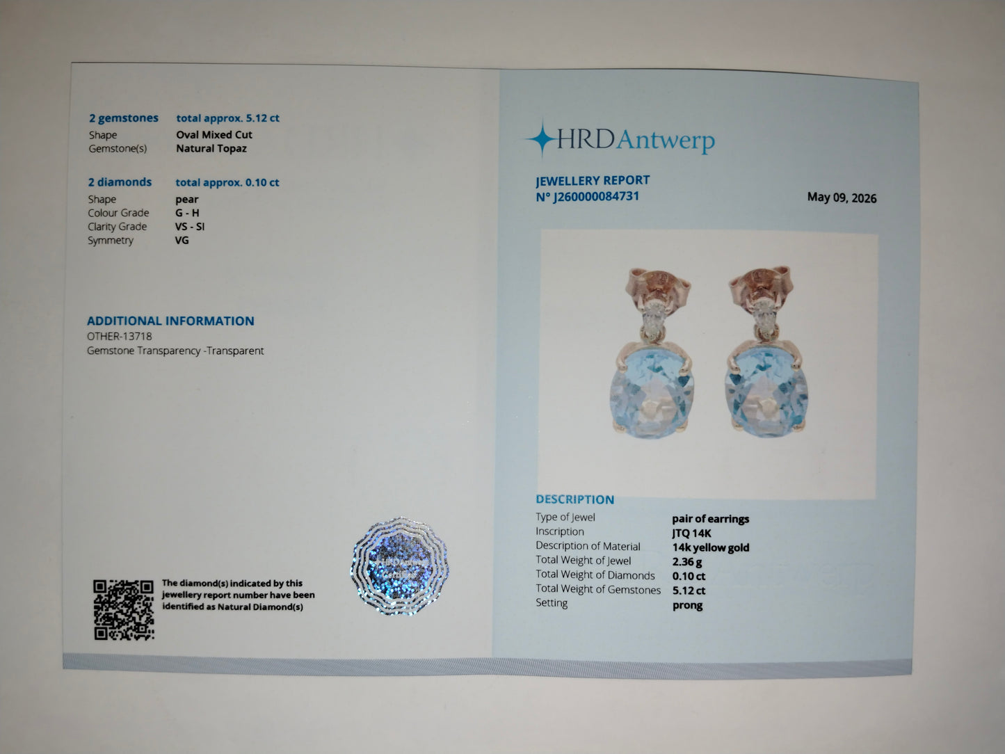 1.32 Ct Oval Mixed Cut Natural Blue Topaz 14K Gold Earrings