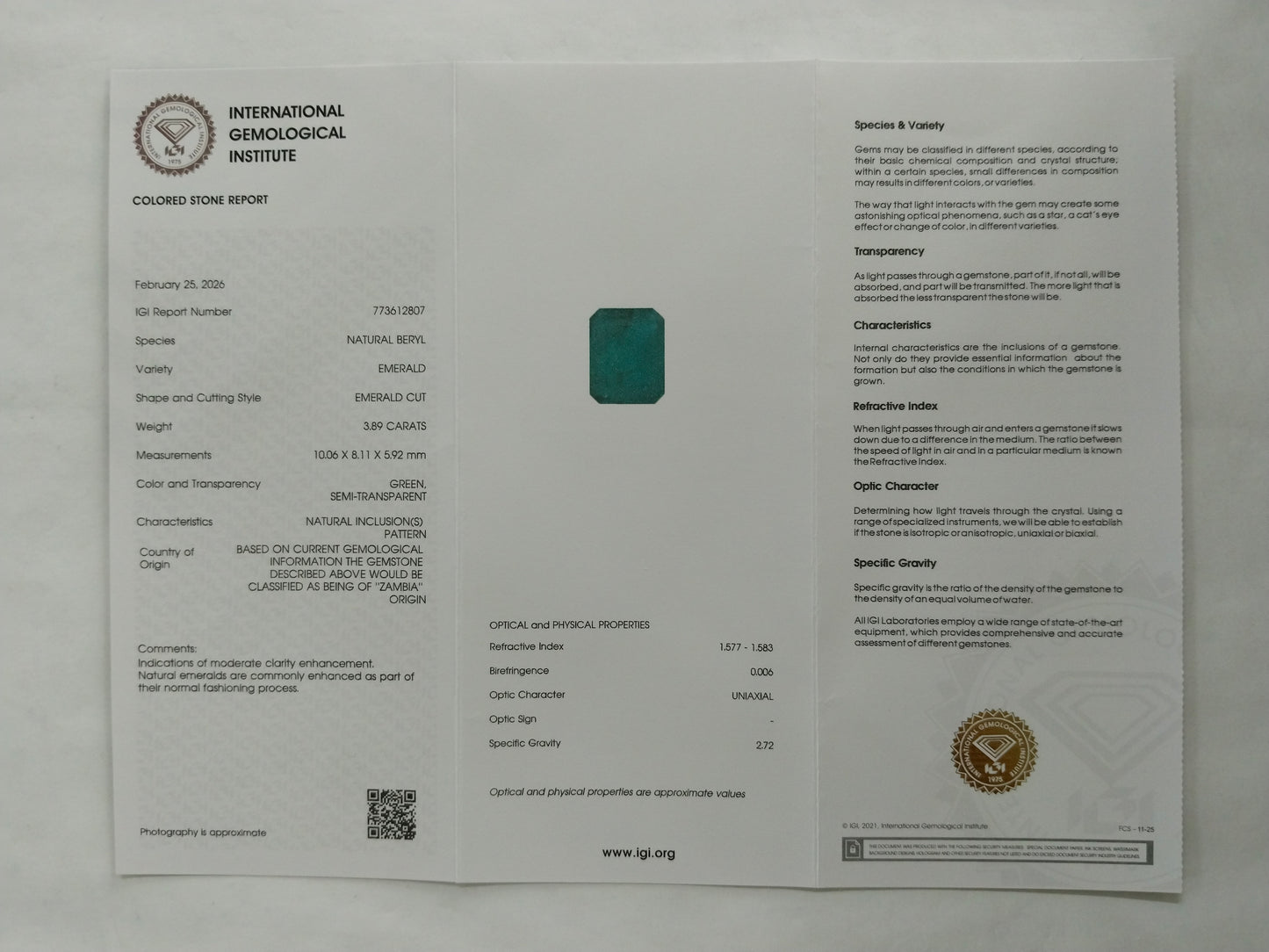 3.89 Natural Beryl Emerald Emerald Cut Gemstone