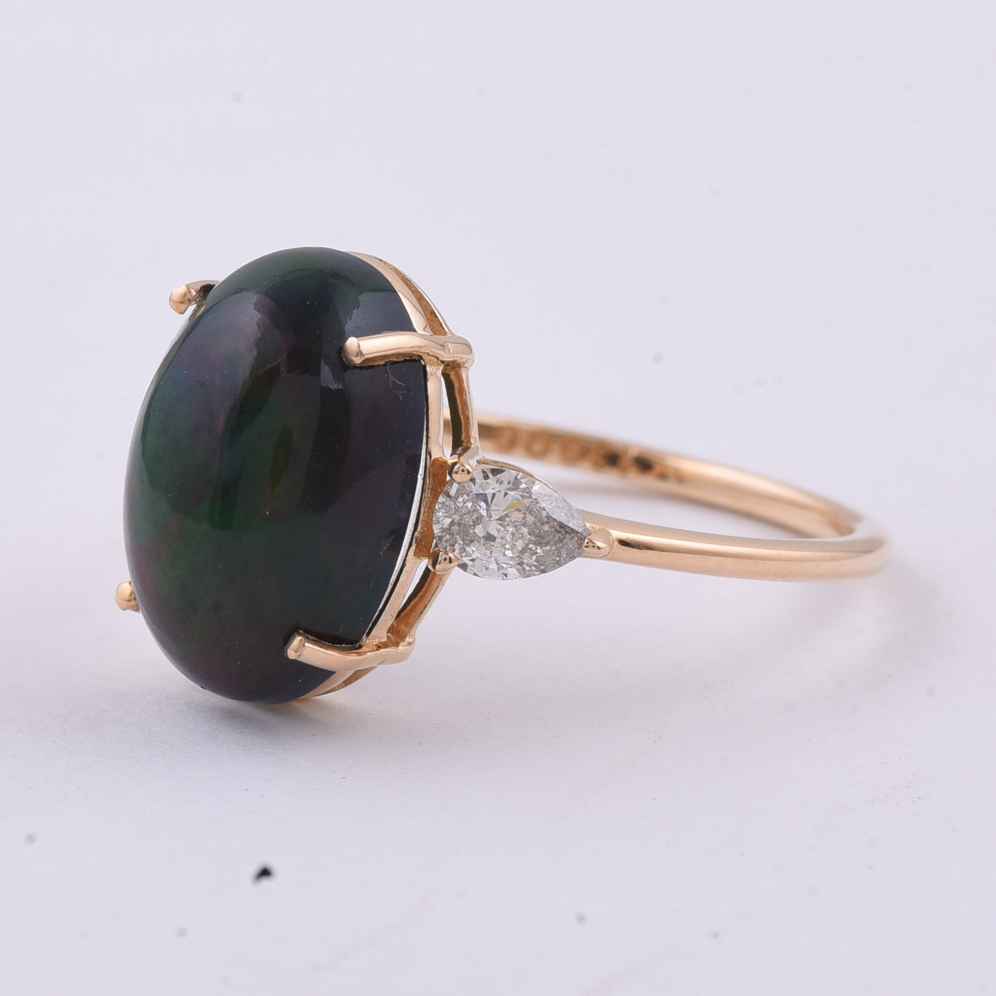 3.21 Ct Oval Cabochon Cut Natural Black Opal 14K Gold Ring