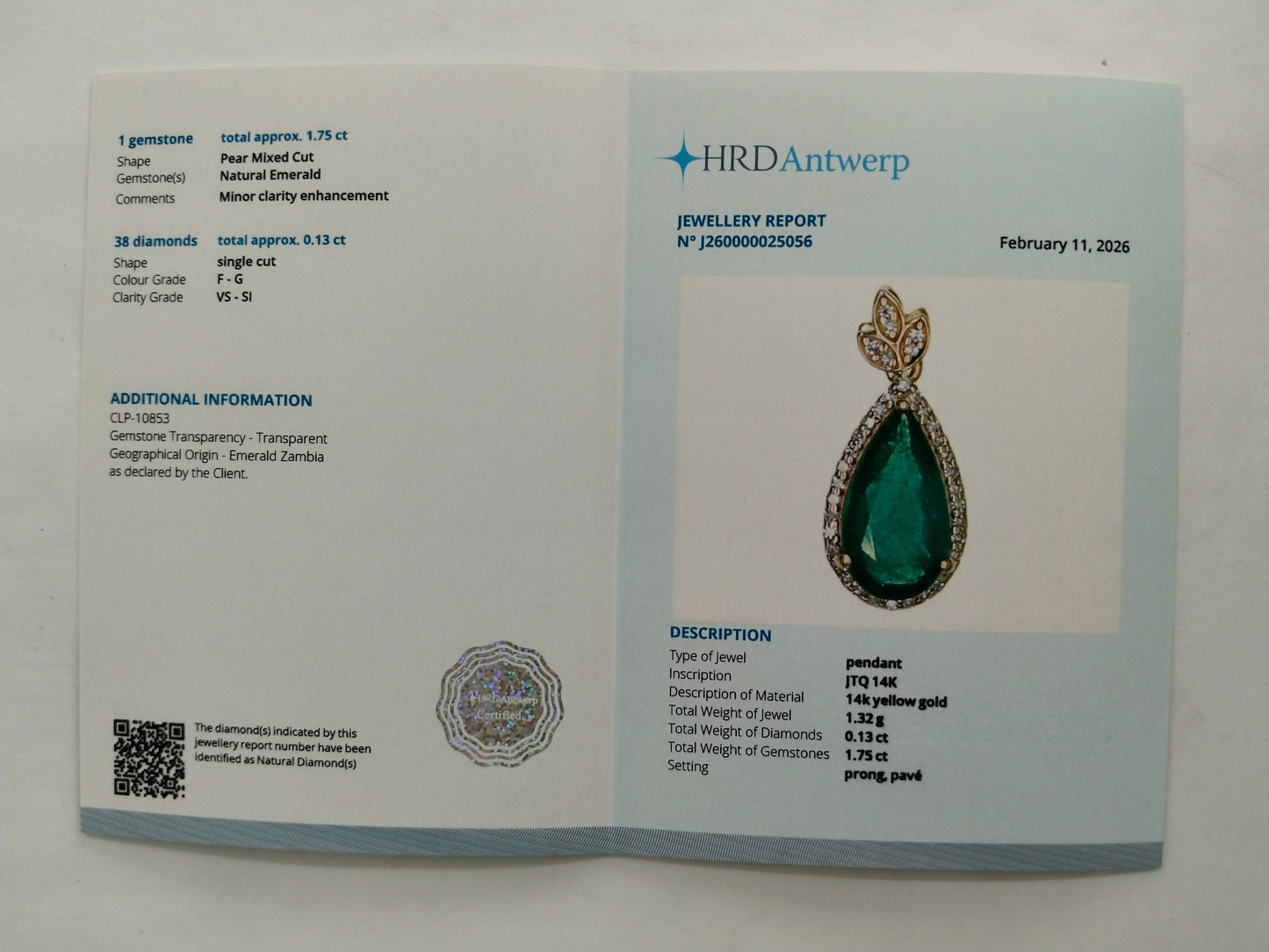 1.88 Ct Pear Mixed Cut Natural Emerald 14K Gold Pendant