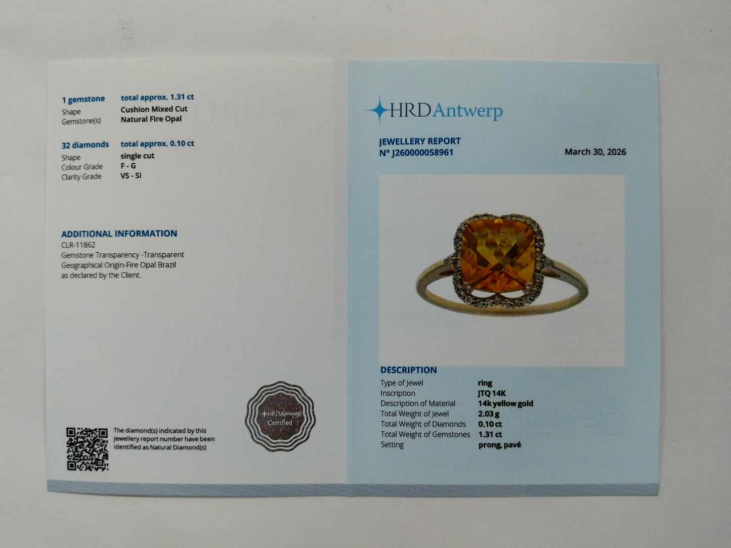 1.41 Ct Cushion Mixed Cut Natural Fire Opal 14K Gold Ring