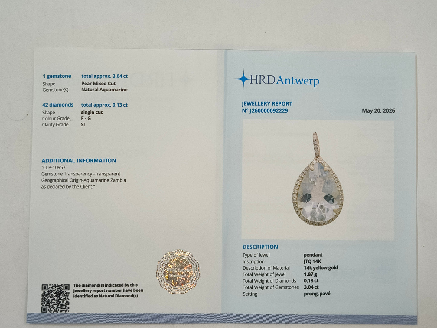 3.17 Ct Pear Aquamarine 14K Gold Pendant