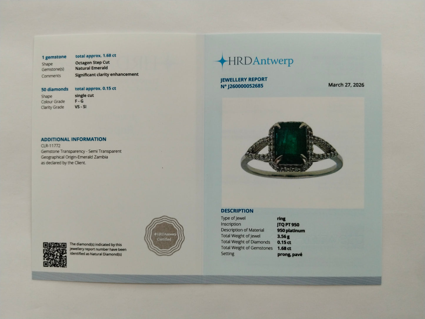 1.83 Ct Octagon Step Cut Natural Emerald 950 Platinum Ring