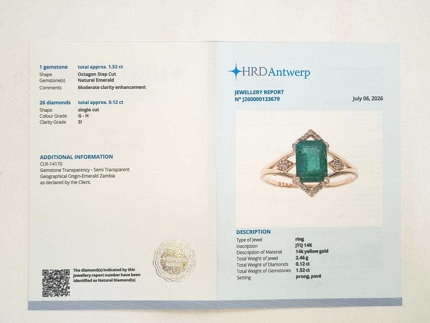 1.64 Ct Octagon Step Cut Natural Emerald 14K Gold Ring