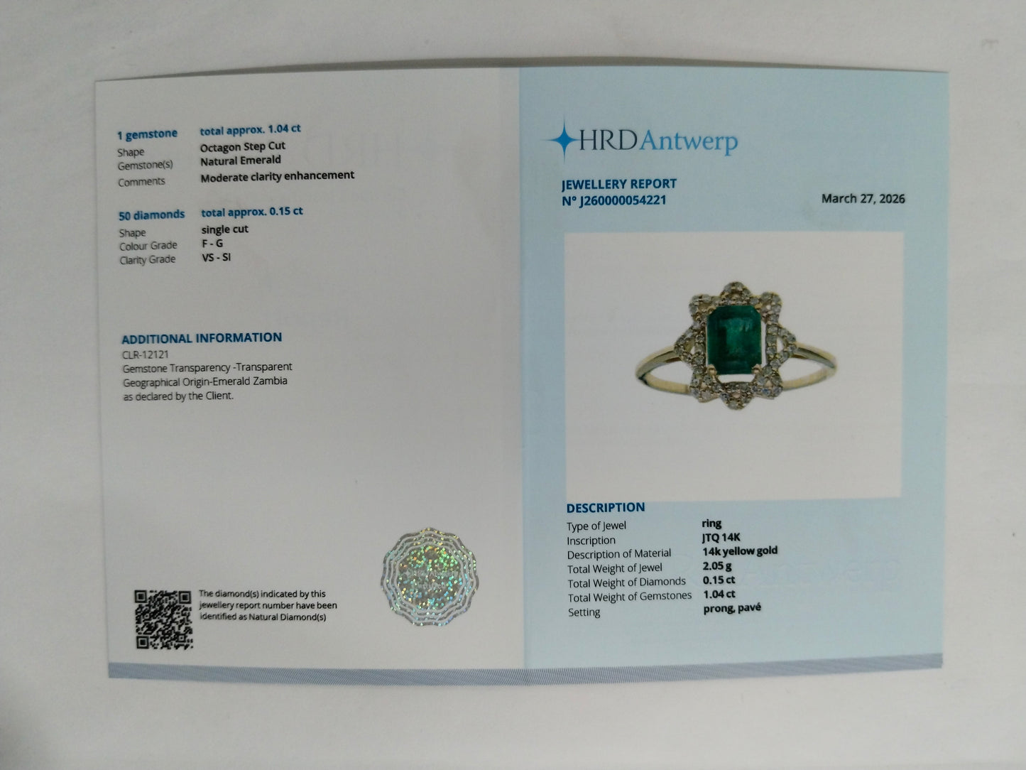 1.19 Ct Octagon Step Cut Natural Emerald 14K Gold Ring