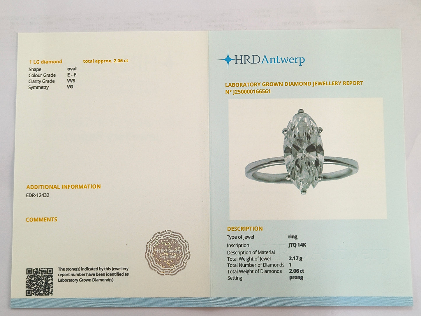 2.06 Carats Lab Grown Diamond 14K Gold Ring