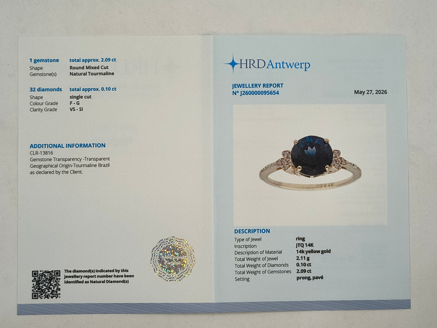 2.19 Ct Round Mixed Cut Natural Tourmaline 14K Gold Ring