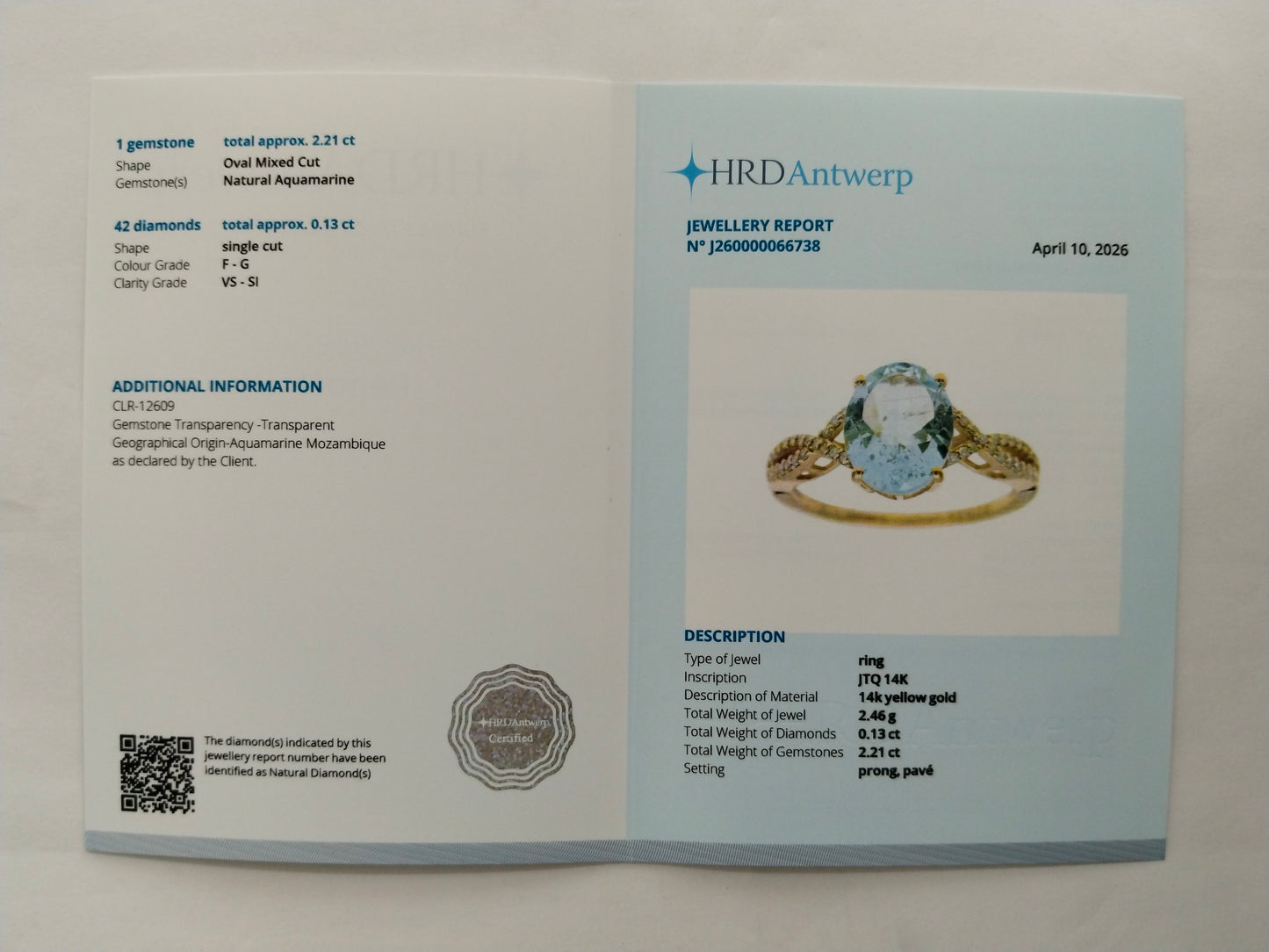 2.34 Ct Oval Mixed Cut Natural Aquamarine 14K Gold Ring