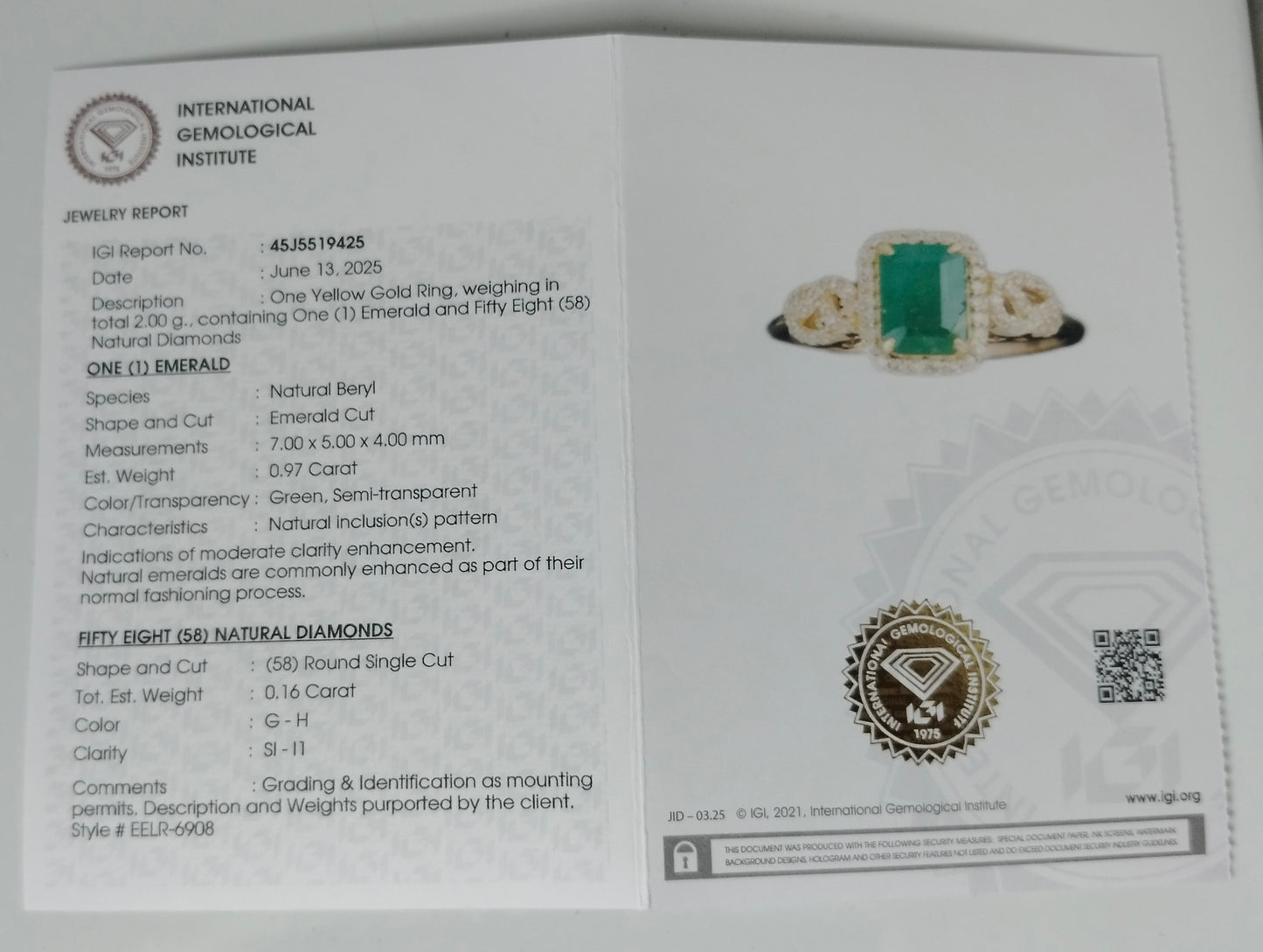 1.13 Ct Emerald Cut Natural Beryl Emerald 14K Gold Ring