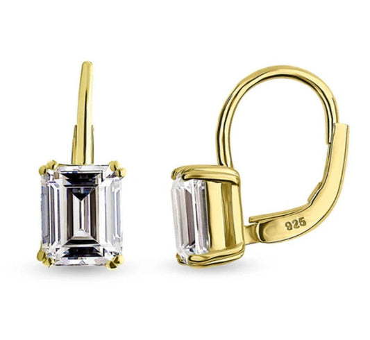 Solitaire 2.4ct Emerald Cut CZ Leverback Earrings in Sterling Silver