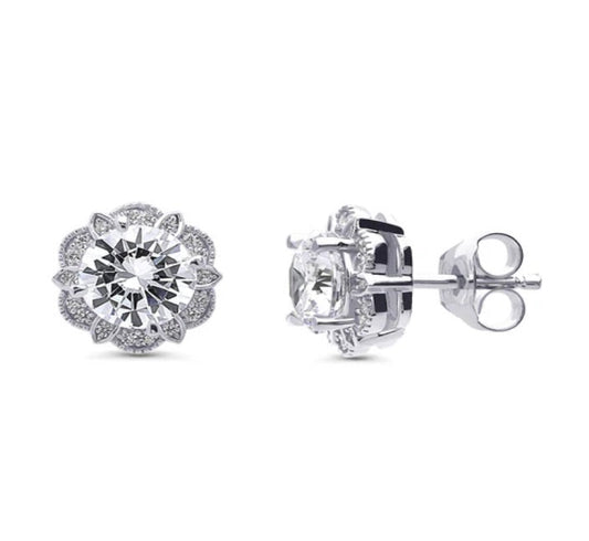 Flower Halo CZ Stud Earrings in Sterling Silver