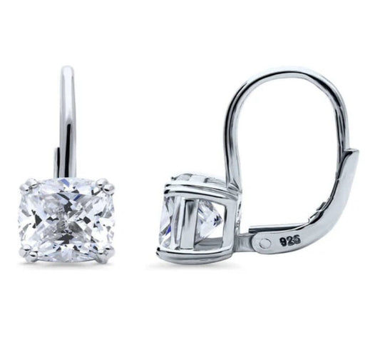 Solitaire 4ct Cushion CZ Leverback Dangle Earrings in Sterling Silver