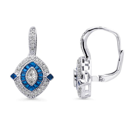 Navette Halo CZ Statement Leverback Dangle Earrings in Sterling Silver