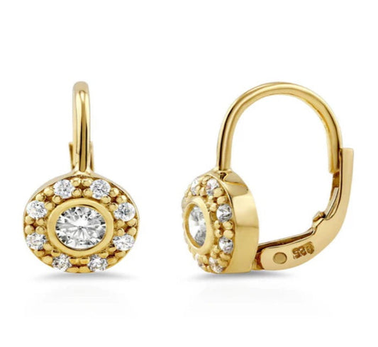 Halo Round CZ Leverback Dangle Earrings in Sterling Silver