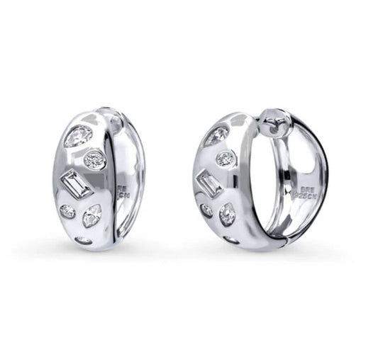 Dome CZ Medium Hoop Earrings in Sterling Silver 0.77"