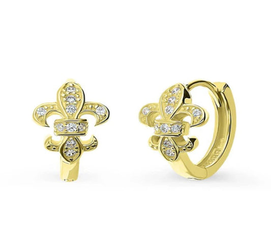 Fleur De Lis CZ Small Huggie Earrings in Sterling Silver 0.5"