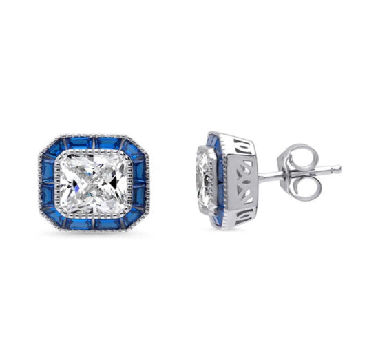 Halo Art Deco Princess CZ Stud Earrings in Sterling Silver