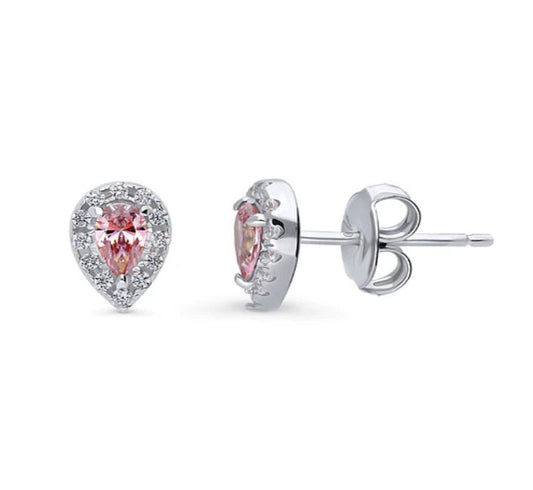 Halo Pear CZ Stud Earrings in Sterling Silver