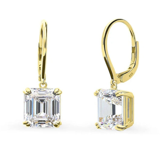 Solitaire 7.6ct Emerald Cut CZ Leverback Earrings in Sterling Silver