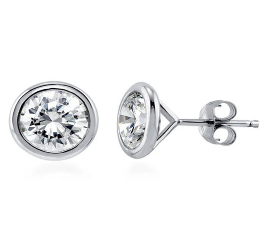 Solitaire Bezel Set Round CZ Stud Earrings in Sterling Silver