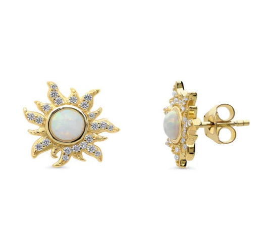 Sun Sunburst Simulated Opal CZ Stud Earrings in Sterling Silver