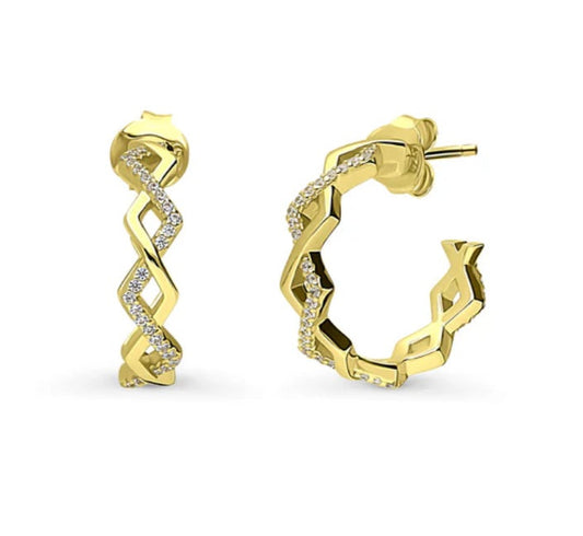 Woven CZ Medium Half Hoop Earrings in Sterling Silver 0.8"