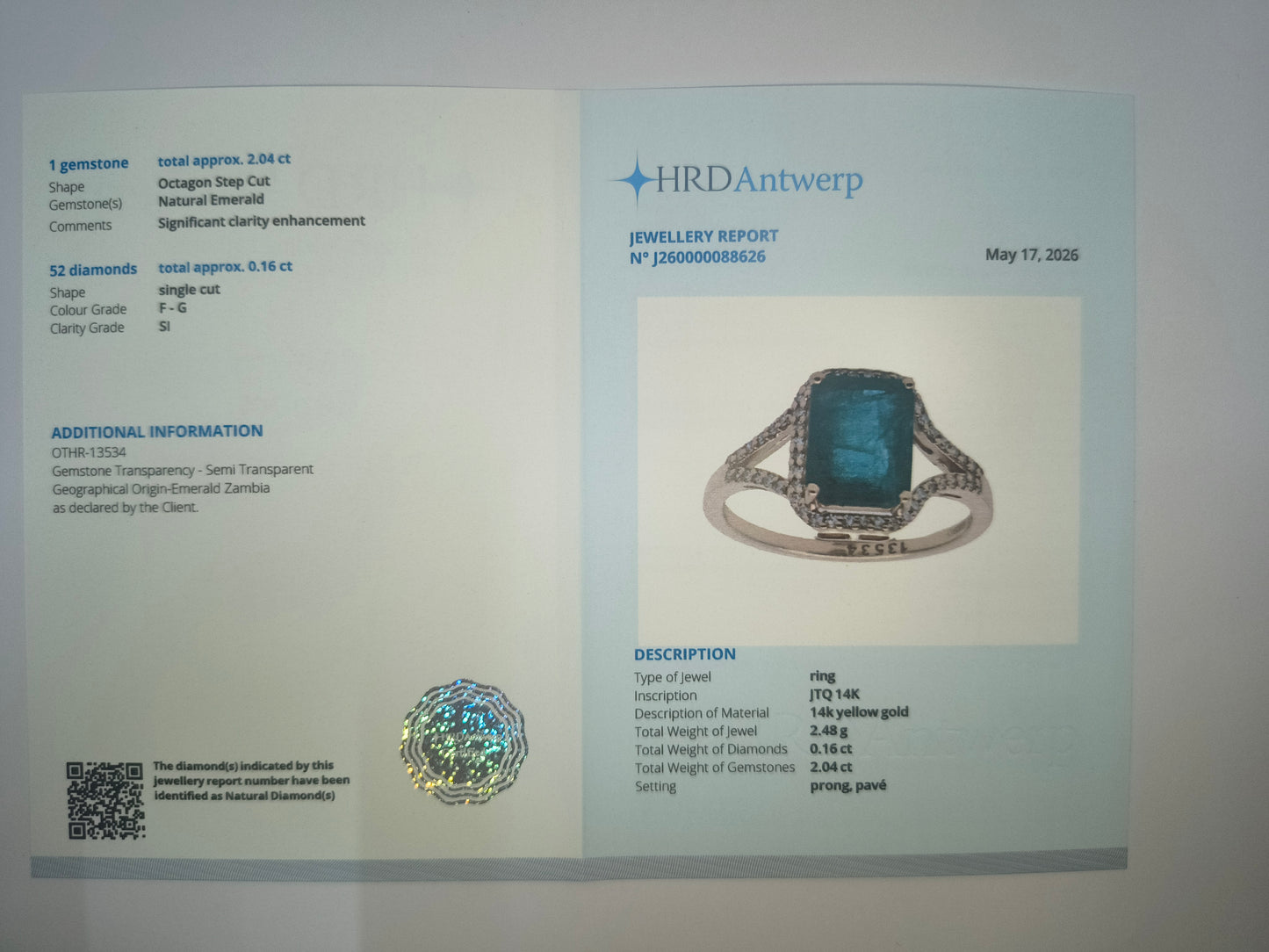 2.04 Ct Octagon Step Cut Natural Emerald 14K Gold Ring
