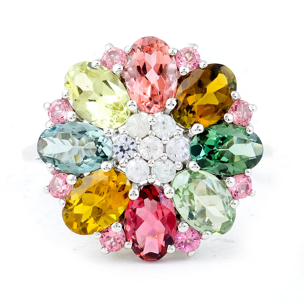3.88 Ct Oval Mixed Cut, Round Mixed Cut Natural Multi-Coloured Tourmaline 950 Platinum Ring