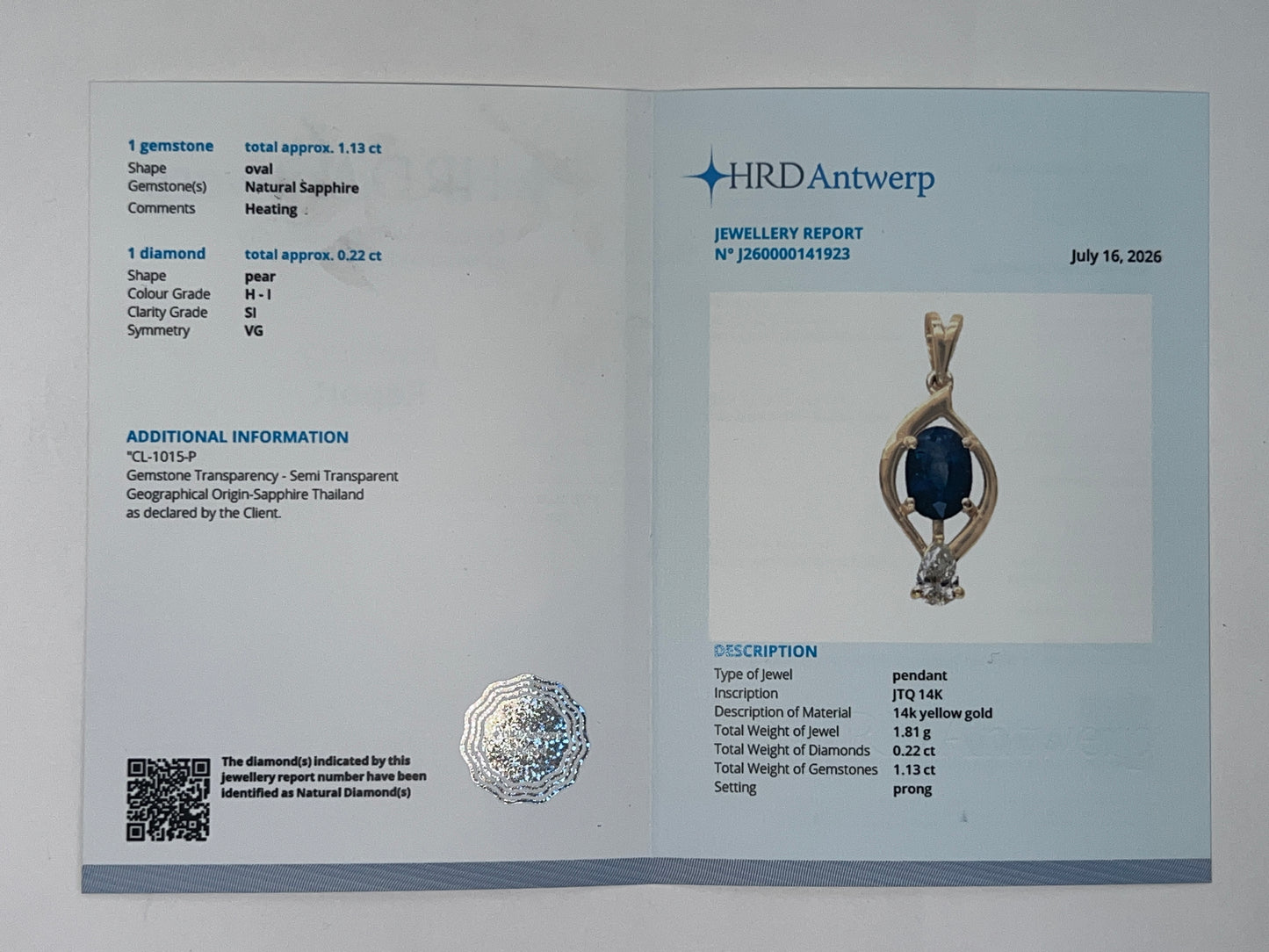 1.35 Ct Oval Natural Sapphire 14K Gold Pendant