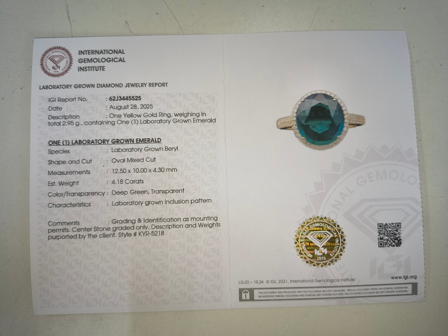 4.38 Ct Oval Mixed Cut Lab Grown Emerald 14K Gold Ring