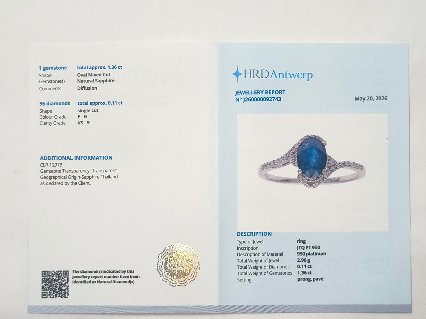 1.47 Ct Oval Sapphire 950 Platinum Ring