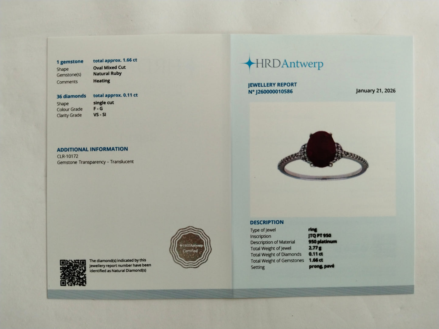 1.77 Ct Oval Mixed Cut Natural Ruby 950 Platinum Ring