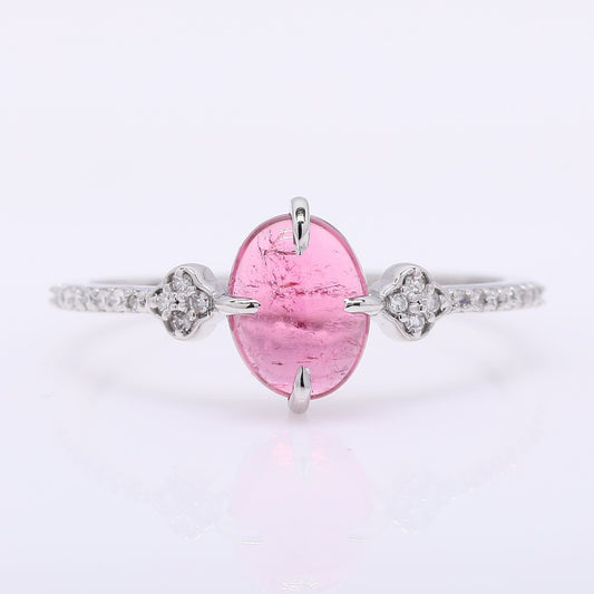 1.21 Ct Oval Cabochon Cut Natural Rubellite 950 Platinum Ring