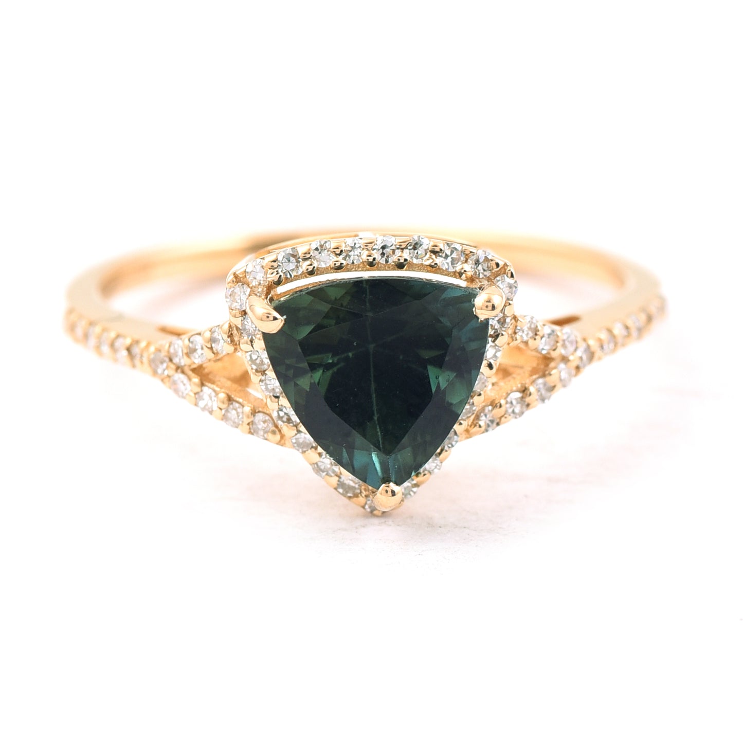 1.63 Ct Triangle Mixed Cut Natural Green Tourmaline 14K Gold Ring